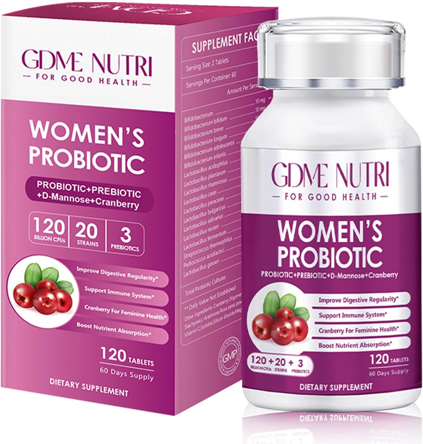 PROBIOTICOS + PREBIOTICOS PARA MUJERES 90 BILLONES CFU 18 CEPAS 120 TABLETAS NO GMO VEGANO GDME