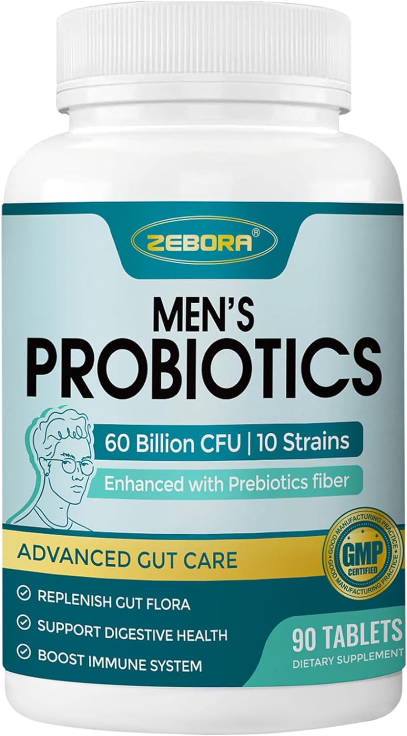 PROBIOTICOS + PREBIOTICOS PARA HOMBRES 60 BILLONES CFU 10 CEPAS 90 TABLETAS NO GMO ZEBORA
