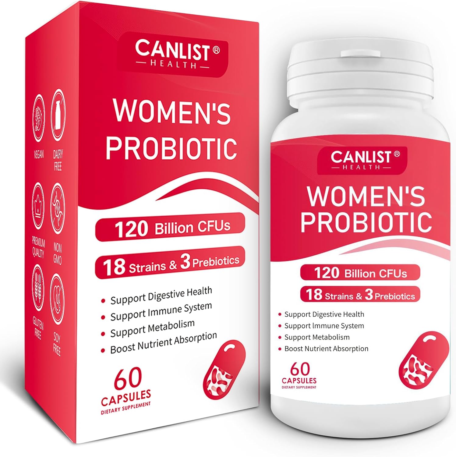 PROBIOTICOS Y PREBIOTICOS PARA MUJERES 120 BILLONES CFU 18 CEPAS 60 CAPSULAS NO GMO VEGANO CANLIST