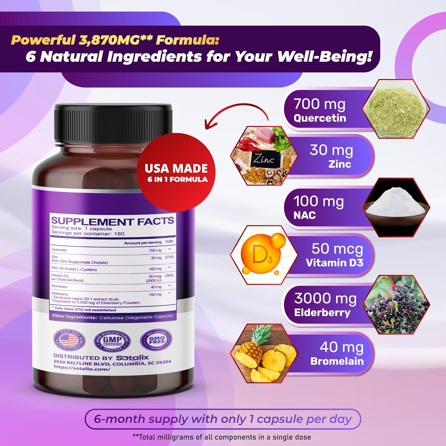 QUERCETINA CON NAC Y ZINC 3970 MG 180 CAPSULAS SOTALIX NO GMO