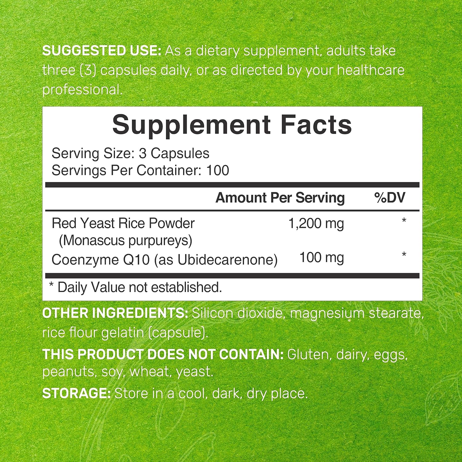 ARROZ DE LEVADURA ROJA + COQ10 DEAL SUPPLEMENT 1200 MG 300 CAPSULAS NO GMO RED YEASTRICE