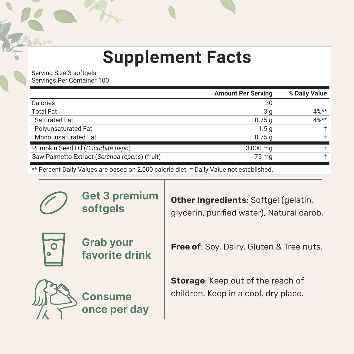 SEMILLA DE CALABAZA 3000 MG CON SAW PALMETO 300 MG MICROINGREDIENTS 300 CAPSULAS BLANDAS SIN GMO