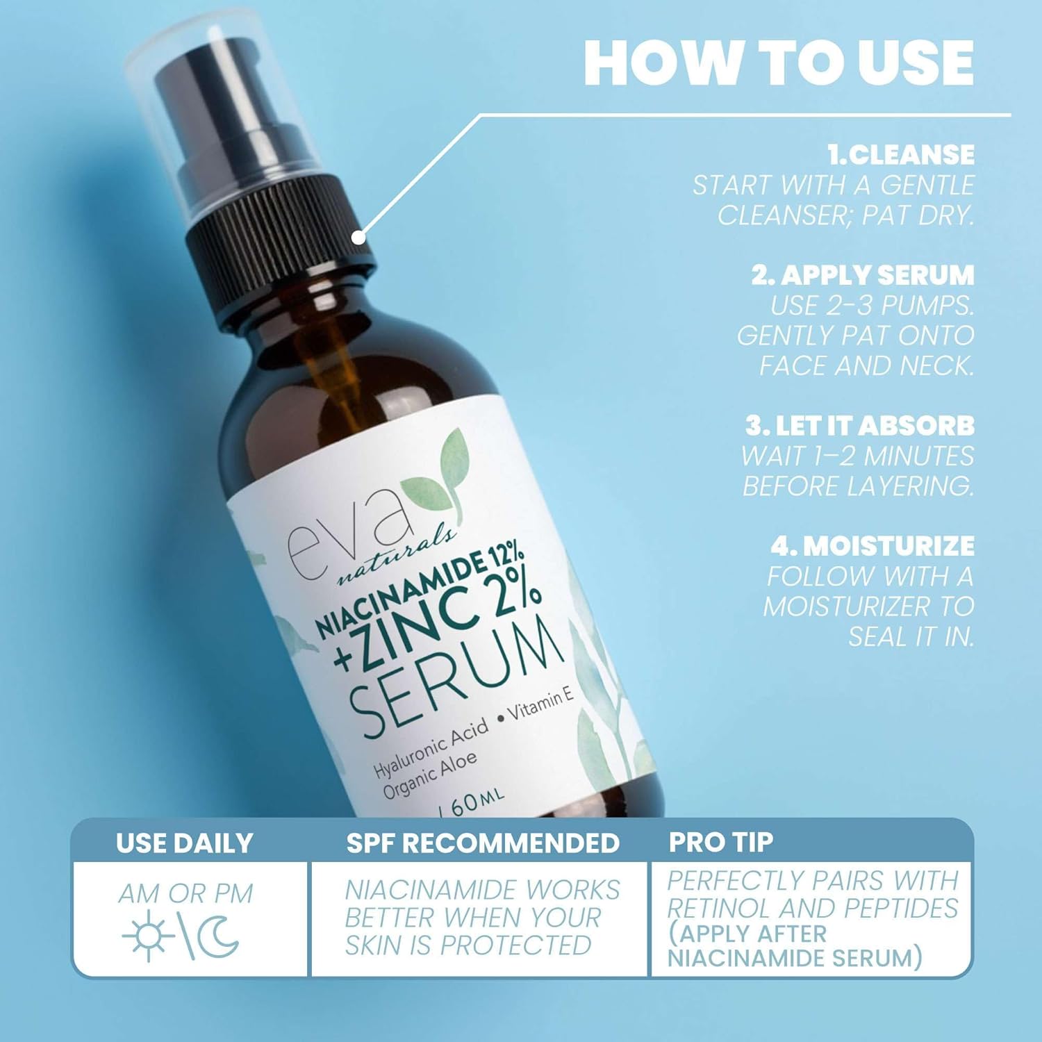 SERUM NIACINAMIDA 12% + ZINC 2% + ÁCIDO HIALURONICO 60 ML USA EVA NATURALS