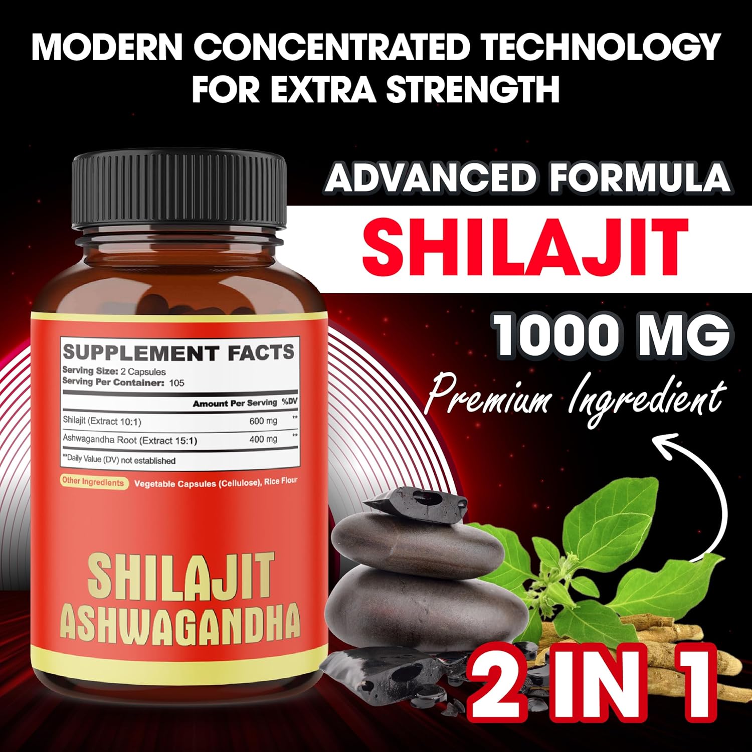 SHILAJIT CON ASHWAGANDHA 1000 MG 210 CÁPSULAS AGOBI NO GMO VEGANO