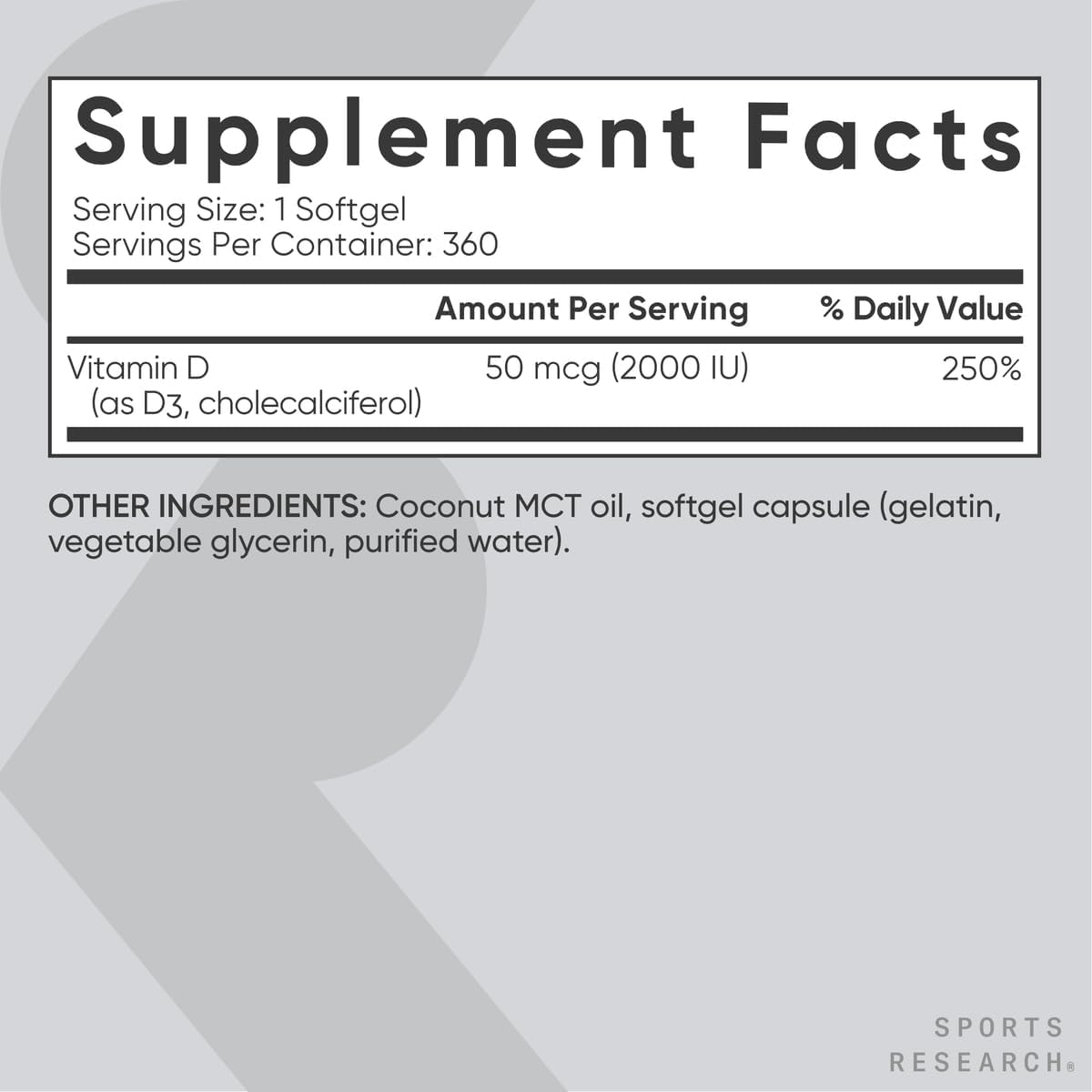 VITAMINA D3 2,000 IU 360 CAPSULAS BLANDAS  SPORTS RESEARCH