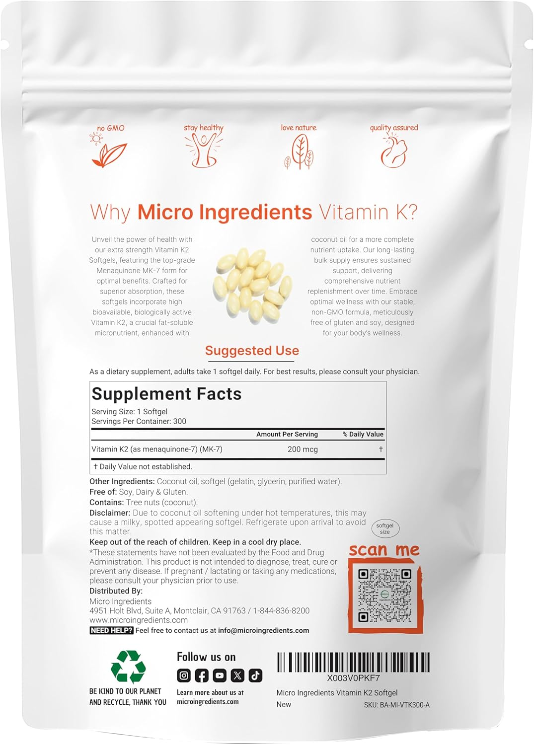 VITAMINA K2 MK7 200 MCG MICROINGREDIENTS 300 CAPSULAS BLANDAS NO GMO