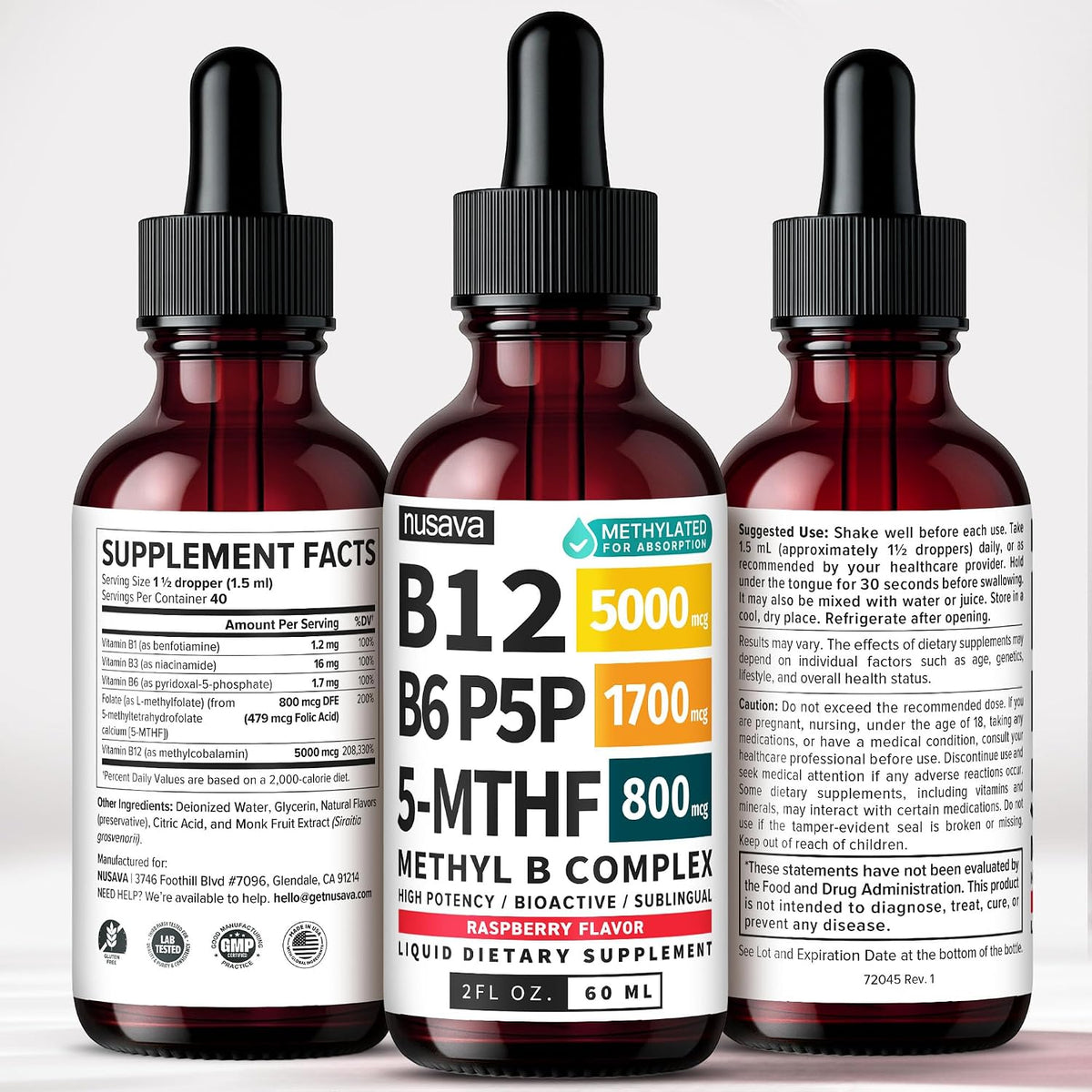 VITAMINA B12 5,000 MCG B6 1.7 MG B1 1,2 MG 5MHTF 800 MCG 60 ML SIN GMO NUSAVA
