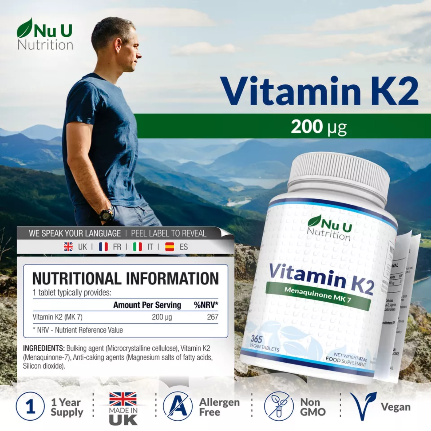VITAMINA K2 MENAQUIONE K7 200 MCG NU U 365 TABLETAS VEGANAS NO GMO