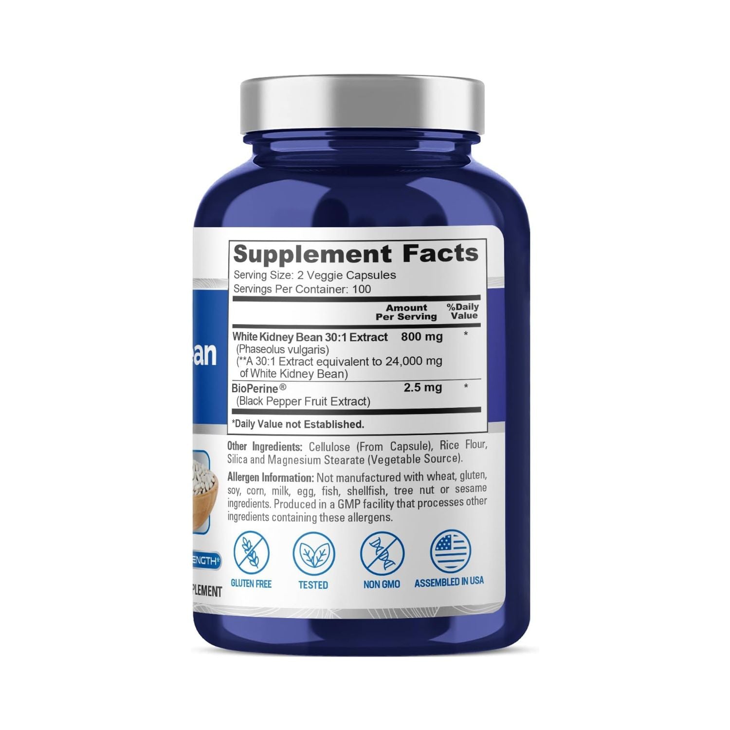 WHITE KIDNEY BEAN BLOQUEADOR DE CARBOHIDRATOS 24,000 MG 200 CAPSULAS VEGETALES SIN GMO NUSAPURE