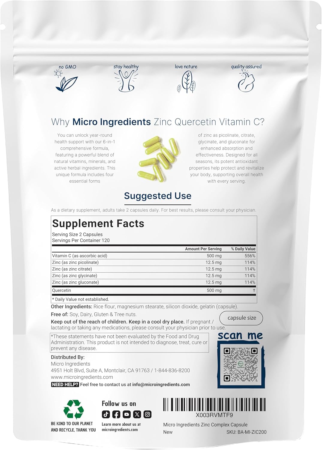 ZINC QUERCETINA MICROINGREDIENTS 1,050 MG 240 CASPULAS
