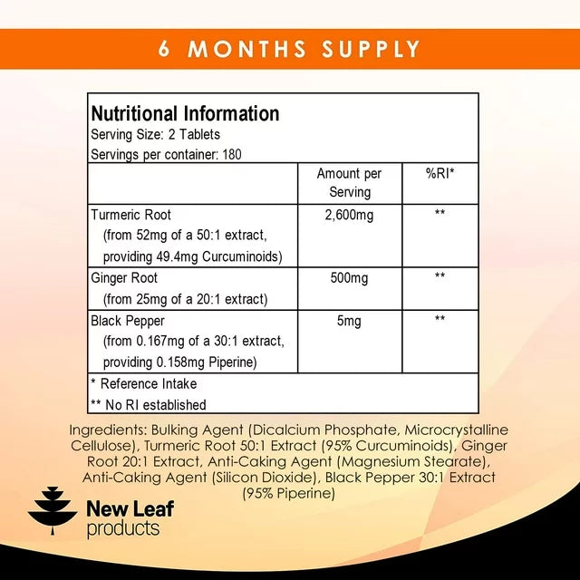 CURCUMA CON JENGIBRE 2,600 MG 365 TABLETAS VEGANO NEW LEAF TURMERIC WITH GINGER