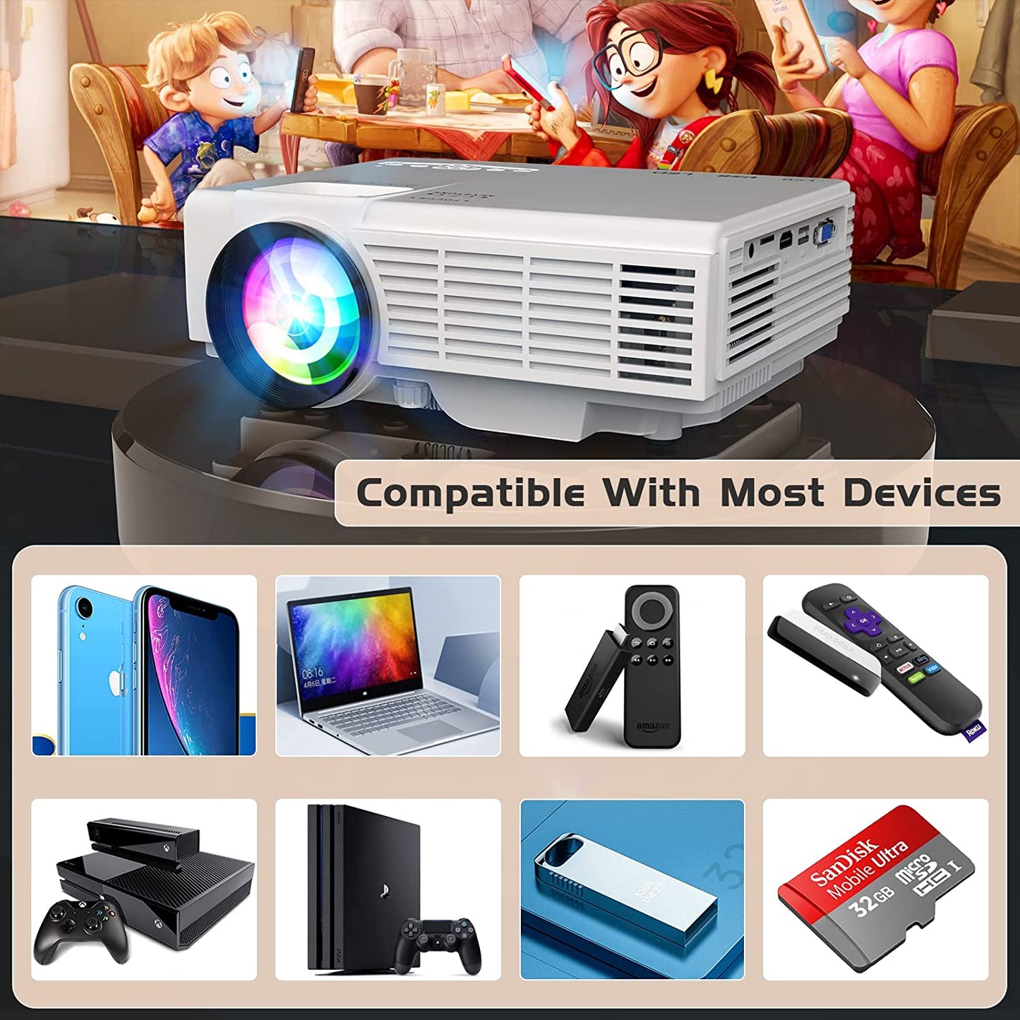 MINI PROYECTOR PORTATIL MULTIMEDIA DR.J P68 7500 LUMENES 170 PULGADAS