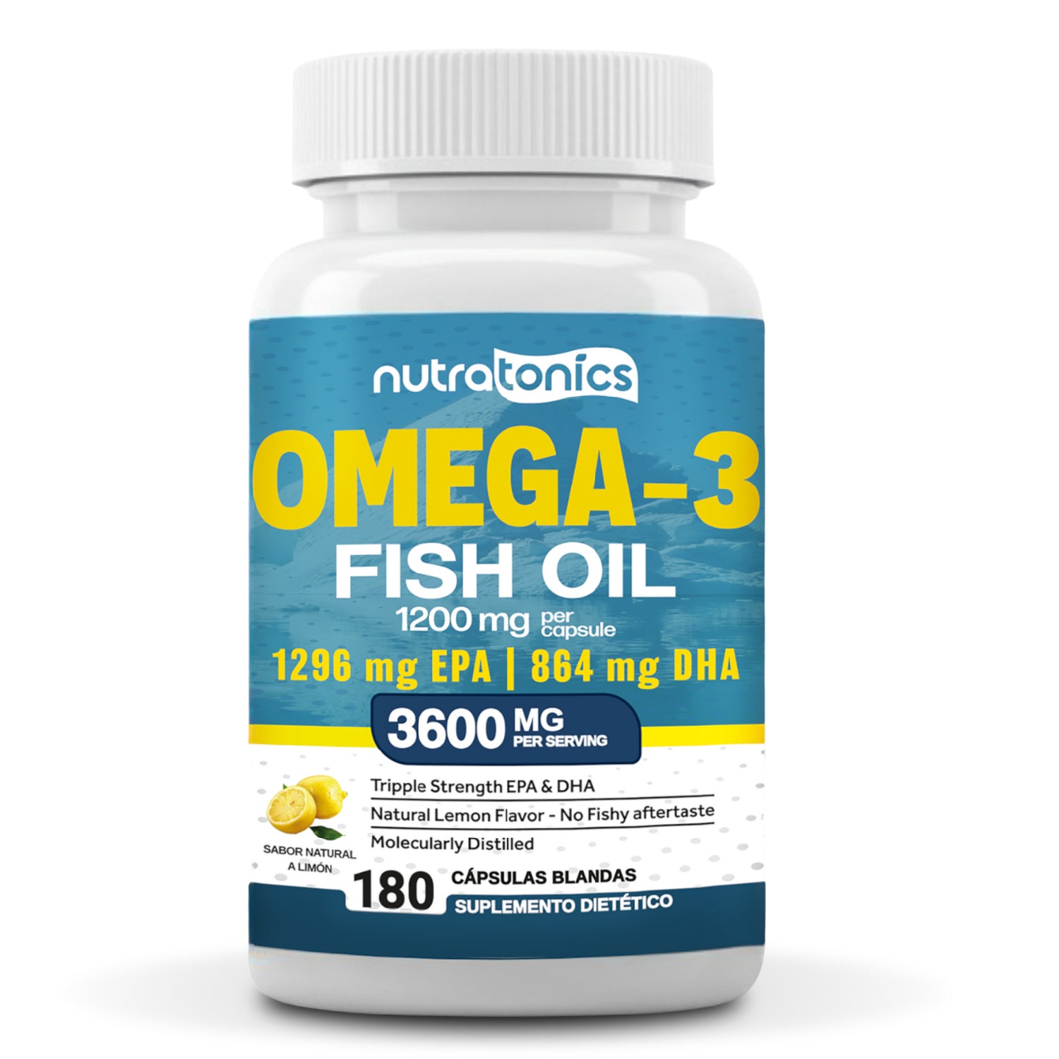 OMEGA 3 FISH OIL 3600MG NUTRATONICS 1296MG EPA + 864MG DHA 180 CAPSULAS BLANDAS SIN GLUTEN, NO GMO SABOR A LIMON