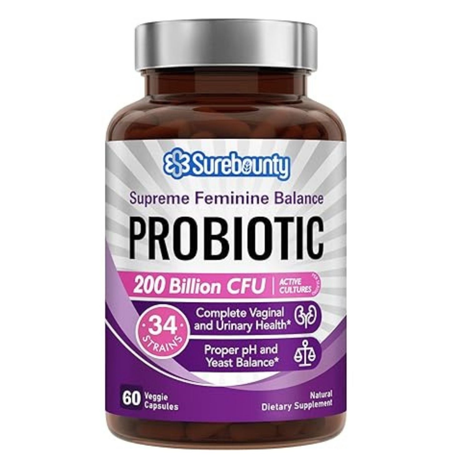 PROBIOTICOS CON ENZIMAS DIGESTIVAS Y CRANBERRY PARA MUEJRES 34 CEPAS 200 BILLONES CFU 60 CAPSULAS SUREBOUNTY