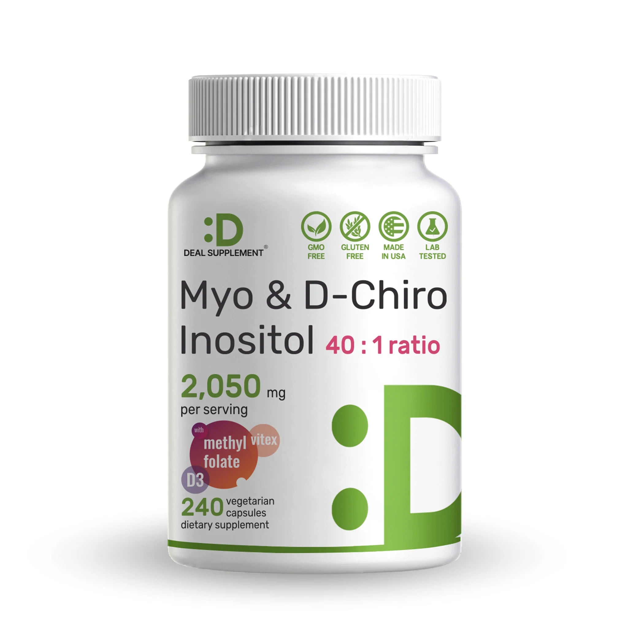 MYO DCHIRO INOSITOL 2050 MG CON FOLATE 680 MG Y VITAMINA D3 1000 IU  240 CAPSULAS SIN GMO DEAL SUPPLEMENTS