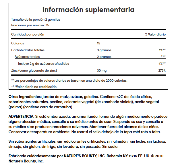 ZINC 30MG 120 GOMITAS SIN GMO NATURES BOUNTY