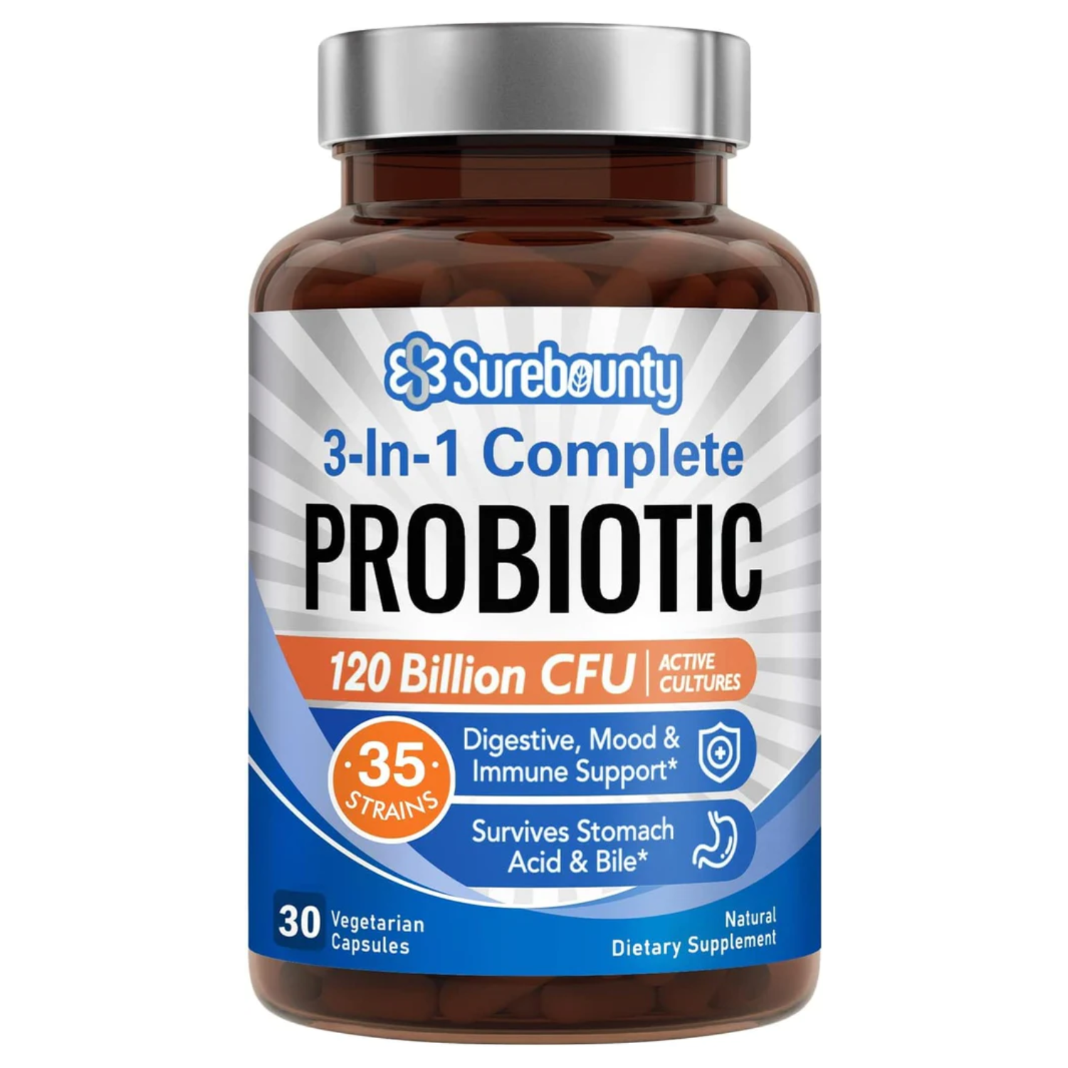 PROBIOTICOS 3 EN 1 35 CEPAS 120 BILLONES CFU 30 CAPSULAS SUREBOUNTY
