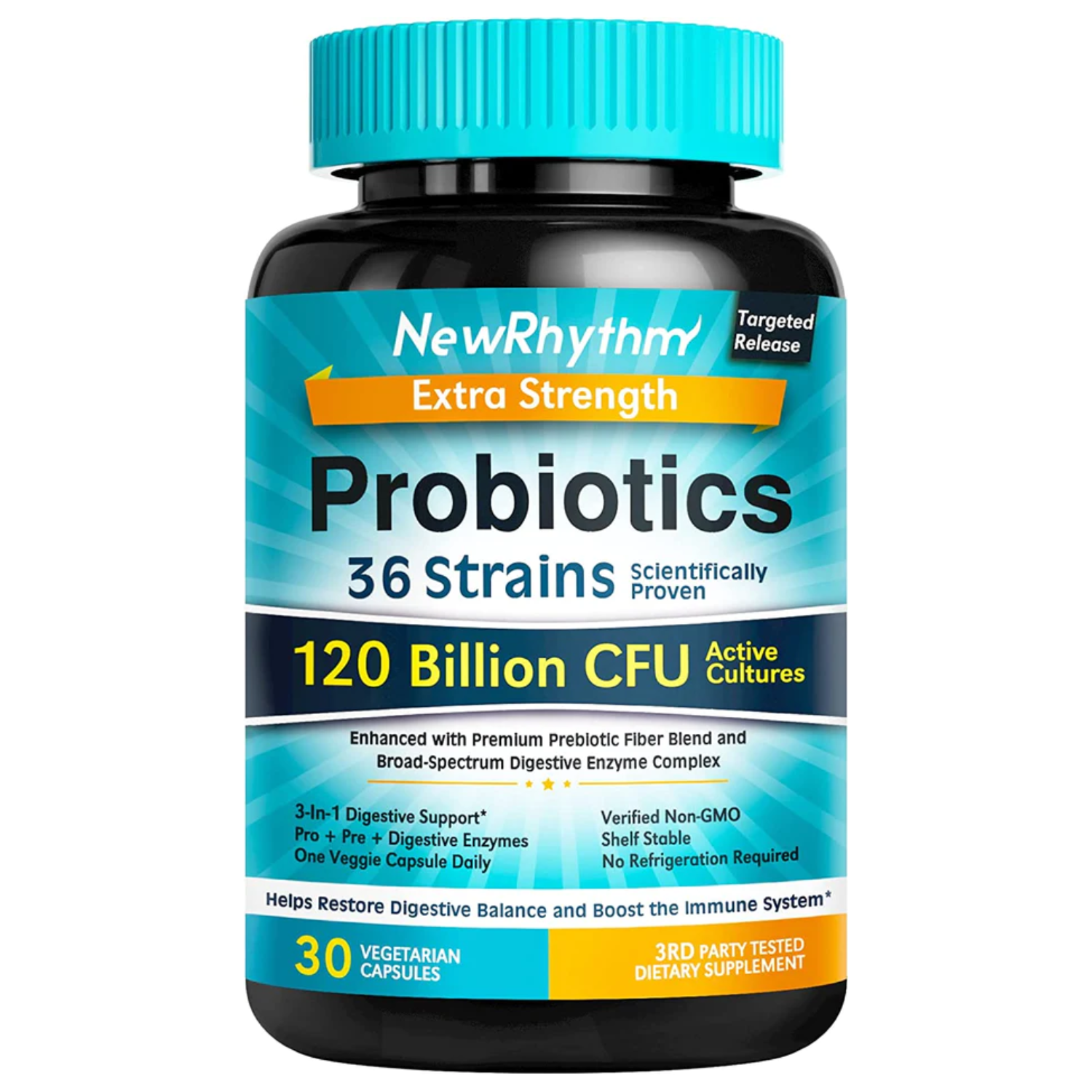 PROBIOTICOS Y PREBIOTICOS ENZIMAS DIGESTIVAS 35 CEPAS 120 BILLONES CFU 30 CAPSULAS VEGETALES NEWRHYTHM