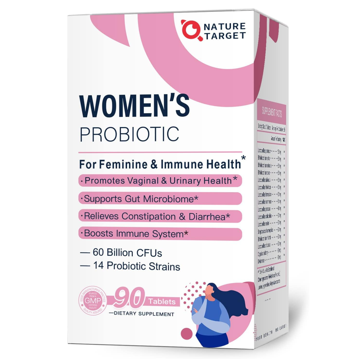 PROBIOTICOS CON COMPLEJO URINARIO PARA MUJER 14 CEPAS 60 BILLION CFU 90 TABLETAS NATURE TARGET