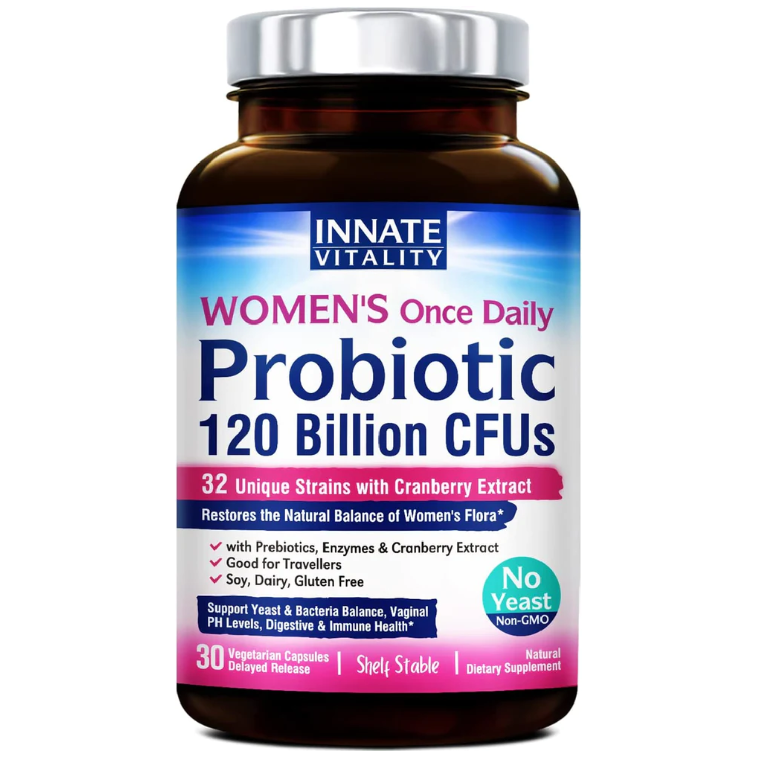PROBIOTICOS CON ENZIMAS Y CRANBERRY PARA MUJERES 32 CEPAS 120 BILLONES CFU 30 CAPSULAS INNATE VITALITY