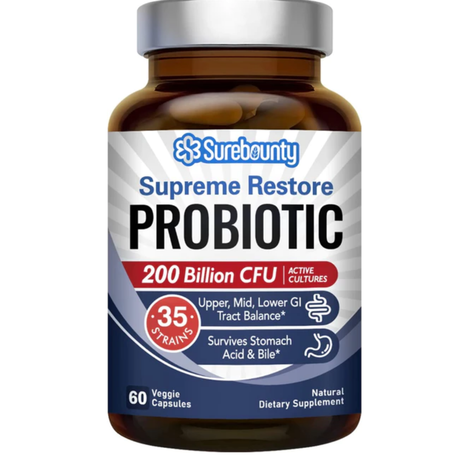 PROBIOTICOS CON ENZIMAS 35 CEPAS 200 BILLONES CFU 60 CAPSULAS SUREBOUNTY