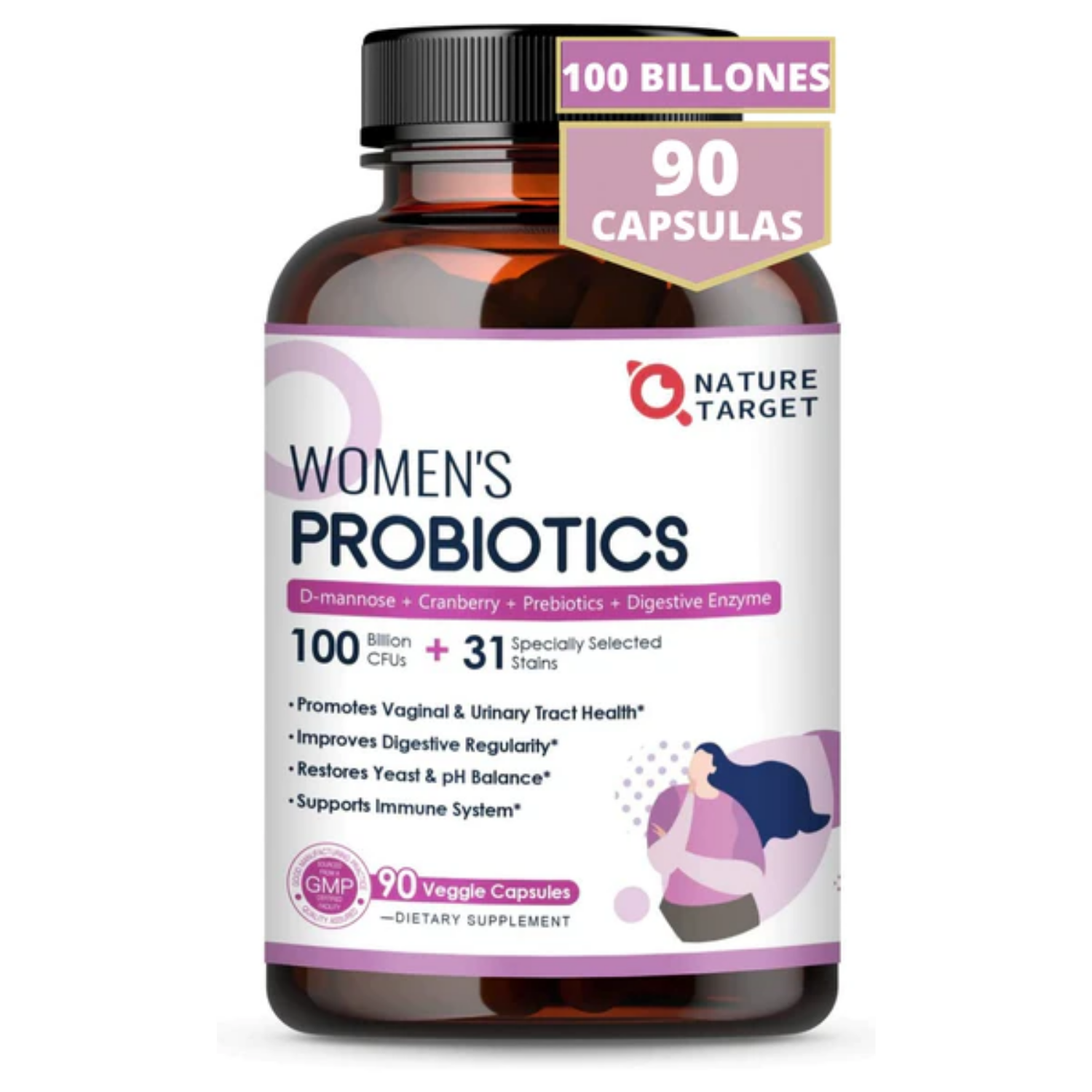 PROBIOTICOS CON ENZIMAS DIGESTIVAS Y COMPELJO URINARIO PARA MUJERES 31 CEPAS 100 BILLONES CFU 90 CAPSULAS VEGETALES SIN GMO NATURE TARGET