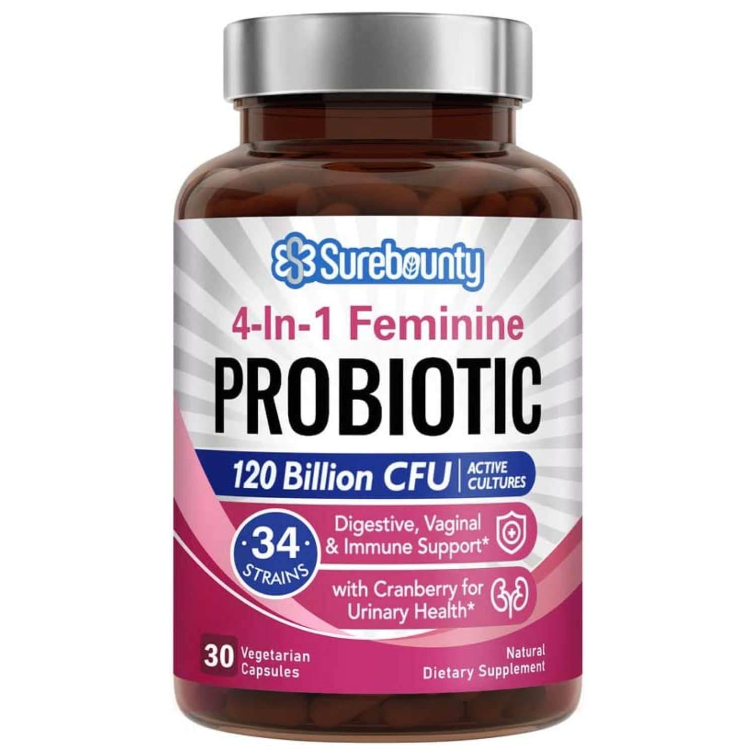 PROBIOTICOS PARA MUJERES 4 EN 1 34 CEPAS 120 BILLONES CFU 30 CAPSULAS SUREBOUNTY
