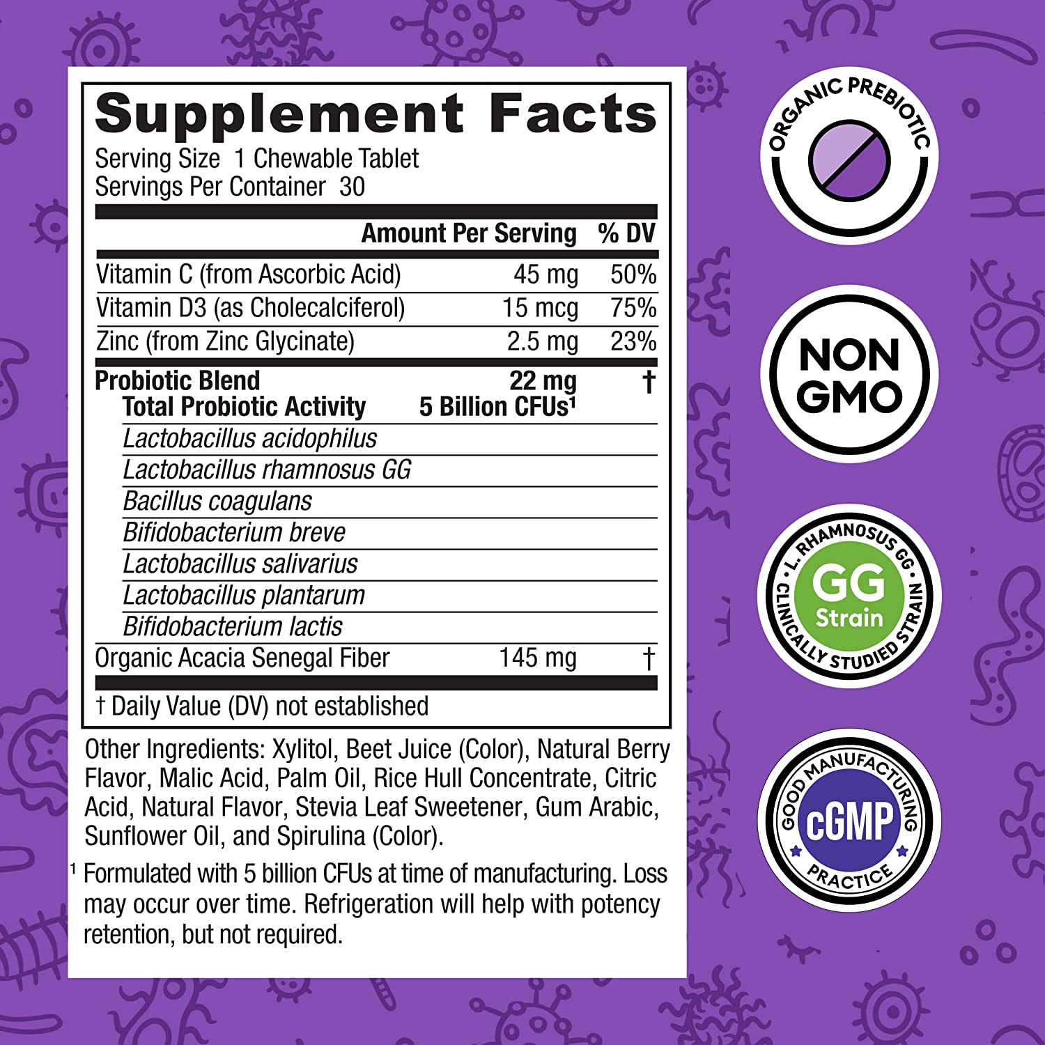 PROBIOTICOS PARA NIÑOS 7 CEPAS 5 BILLONES CFU 30 TABLETAS MASTICABLES SIN GMO PHYSICIAN´S CHOICE