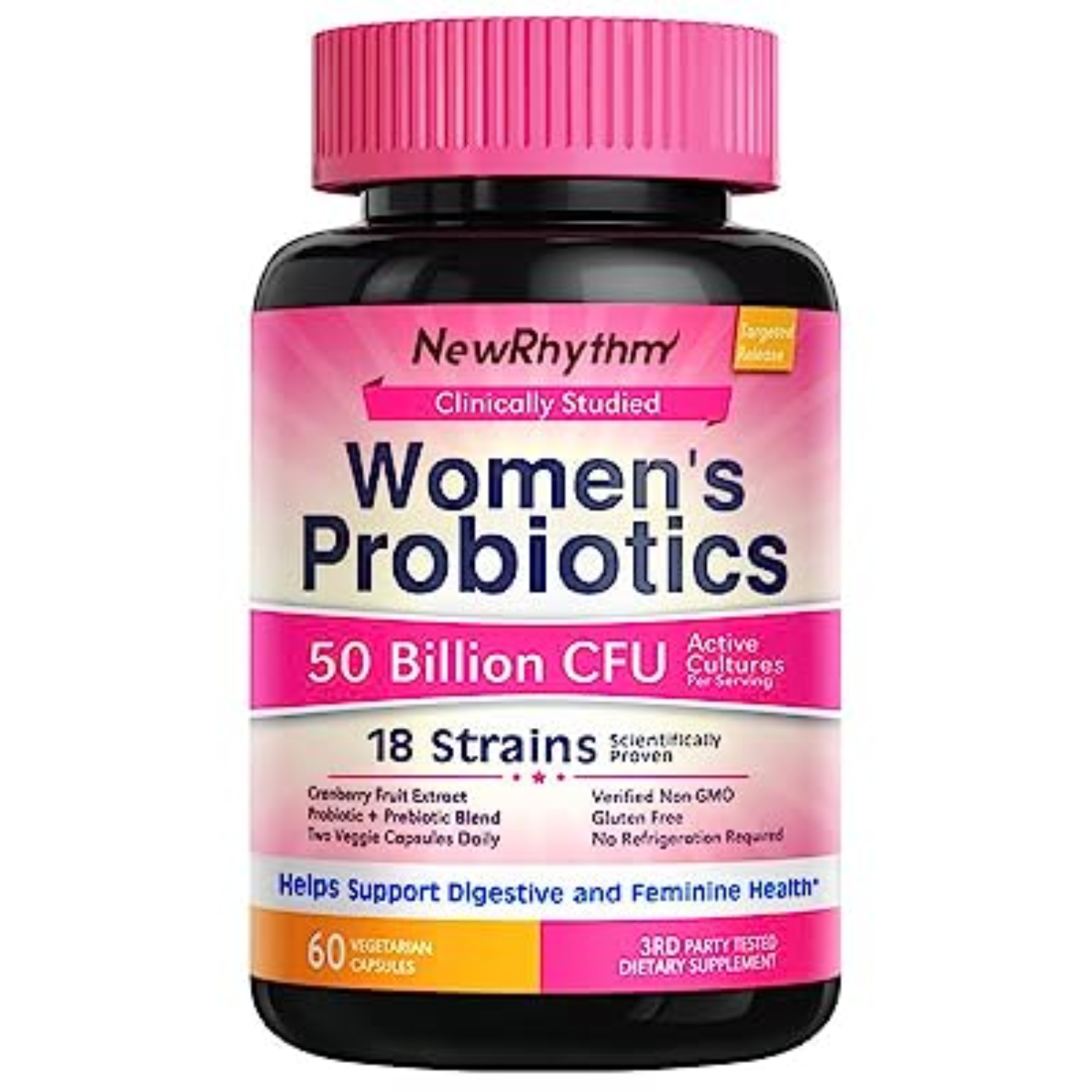 PROBIOTICOS Y PREBIOTICOS CON CRANBERRY PARA MUJERES 18 CEPAS 50 BILLONES CFU 60 CAPSULAS VEGETALES SIN GMO NEWRHYTHM
