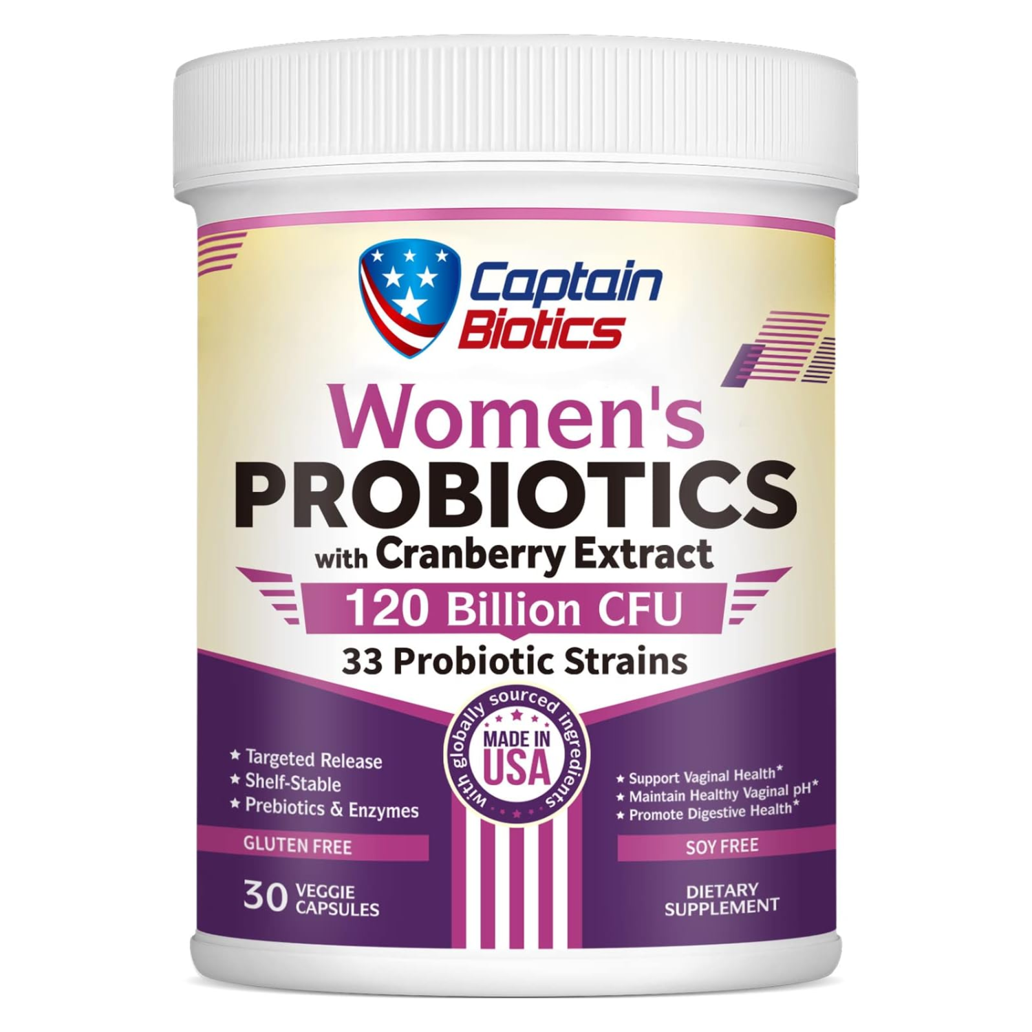 PROBIOTICOS CON CRANBERRY PARA MUJER 33 CEPAS 120 BILLONES CFU 30 CASPULAS CAPTAIN BIOTICS