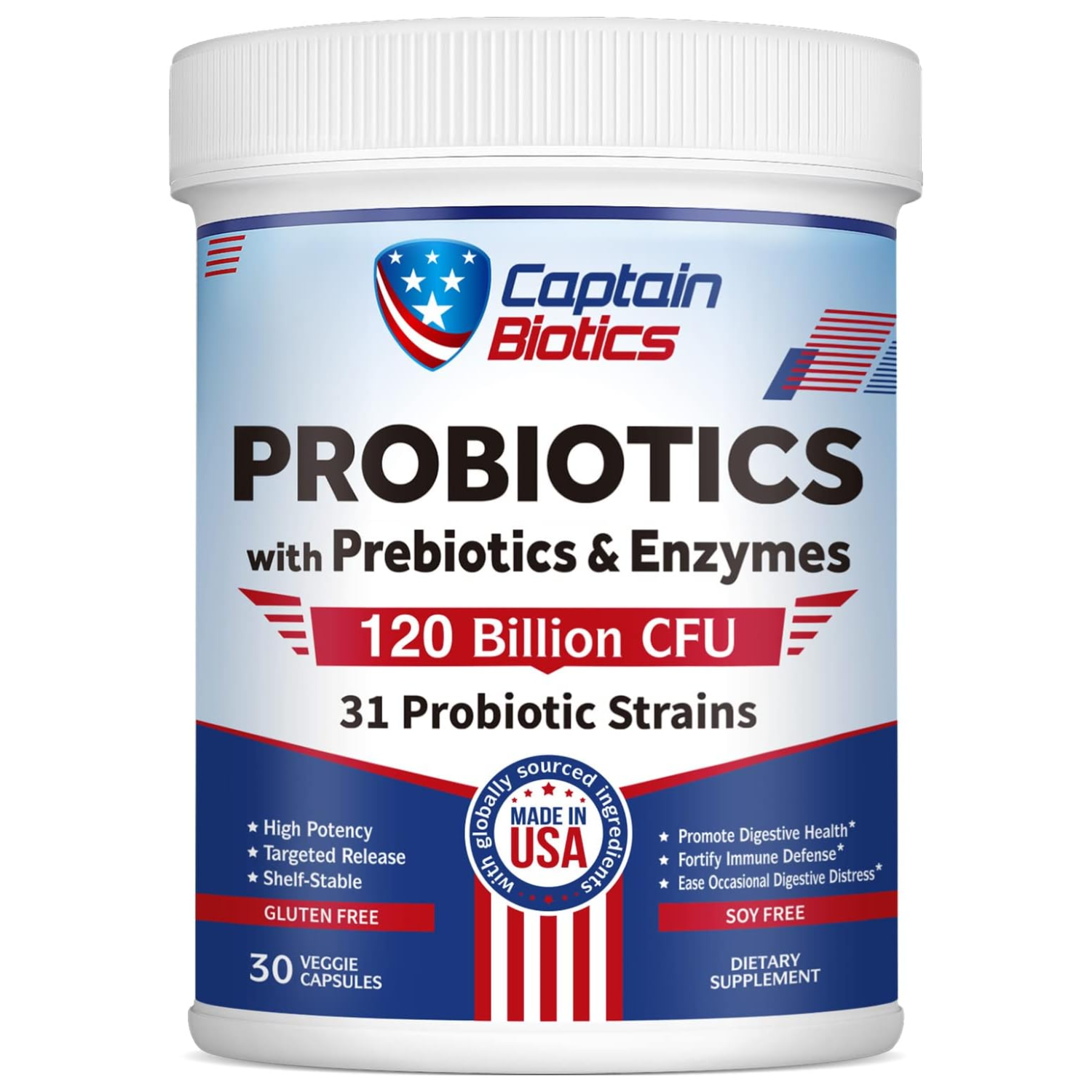 PROBIOTICOS Y PREBIOTICOS CON ENZIMAS DIGESTIVAS 31 CEPAS 120 BILLONES CFU 30 CASPULAS CAPTAIN BIOTICS