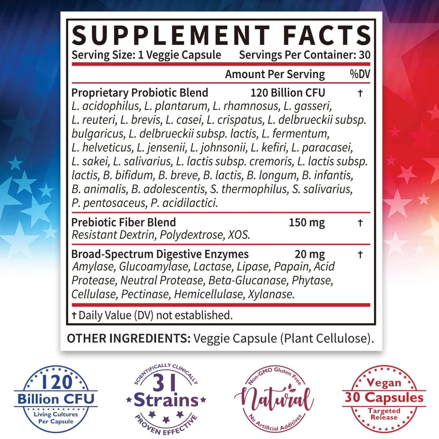 PROBIOTICOS Y PREBIOTICOS CON ENZIMAS DIGESTIVAS 31 CEPAS 120 BILLONES CFU 30 CASPULAS CAPTAIN BIOTICS