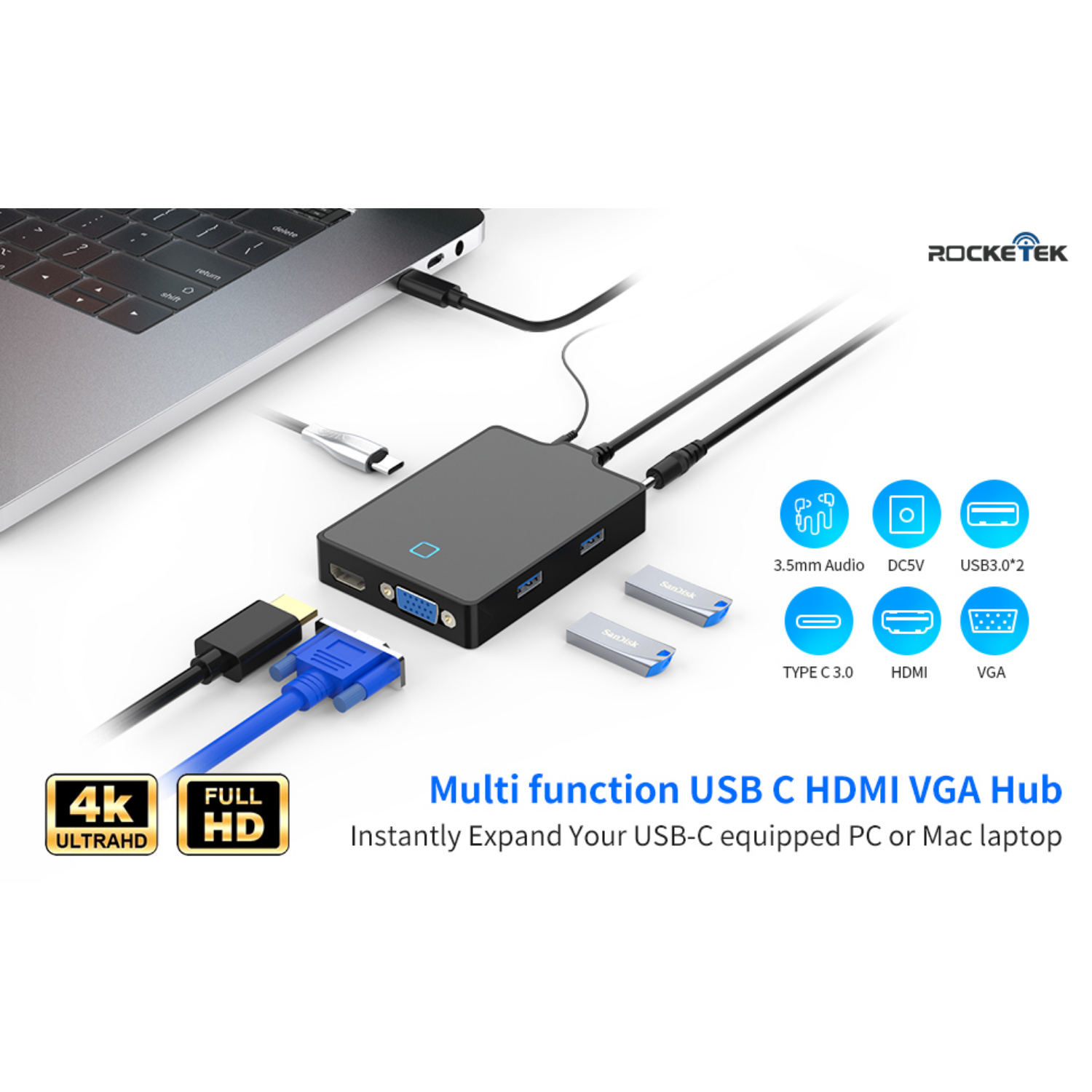 ADAPTADOR HUB TIPO C ROCKETEC 7 EN 1