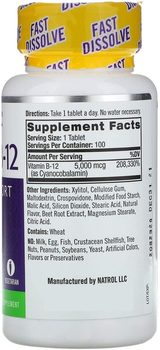 VITAMINA B12 5,000 MCG 100 TABLETAS SUBLINGUALES VEGANO NATROL