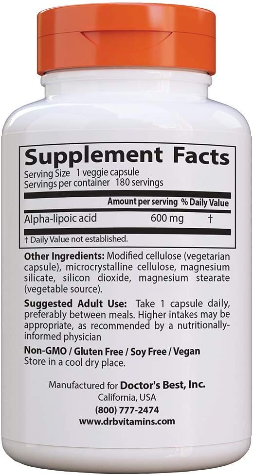 ÁCIDO ALFA LIPOICO 600 MG 180 CAPSULAS SIN GMO VEGANO DOCTOR´S BEST