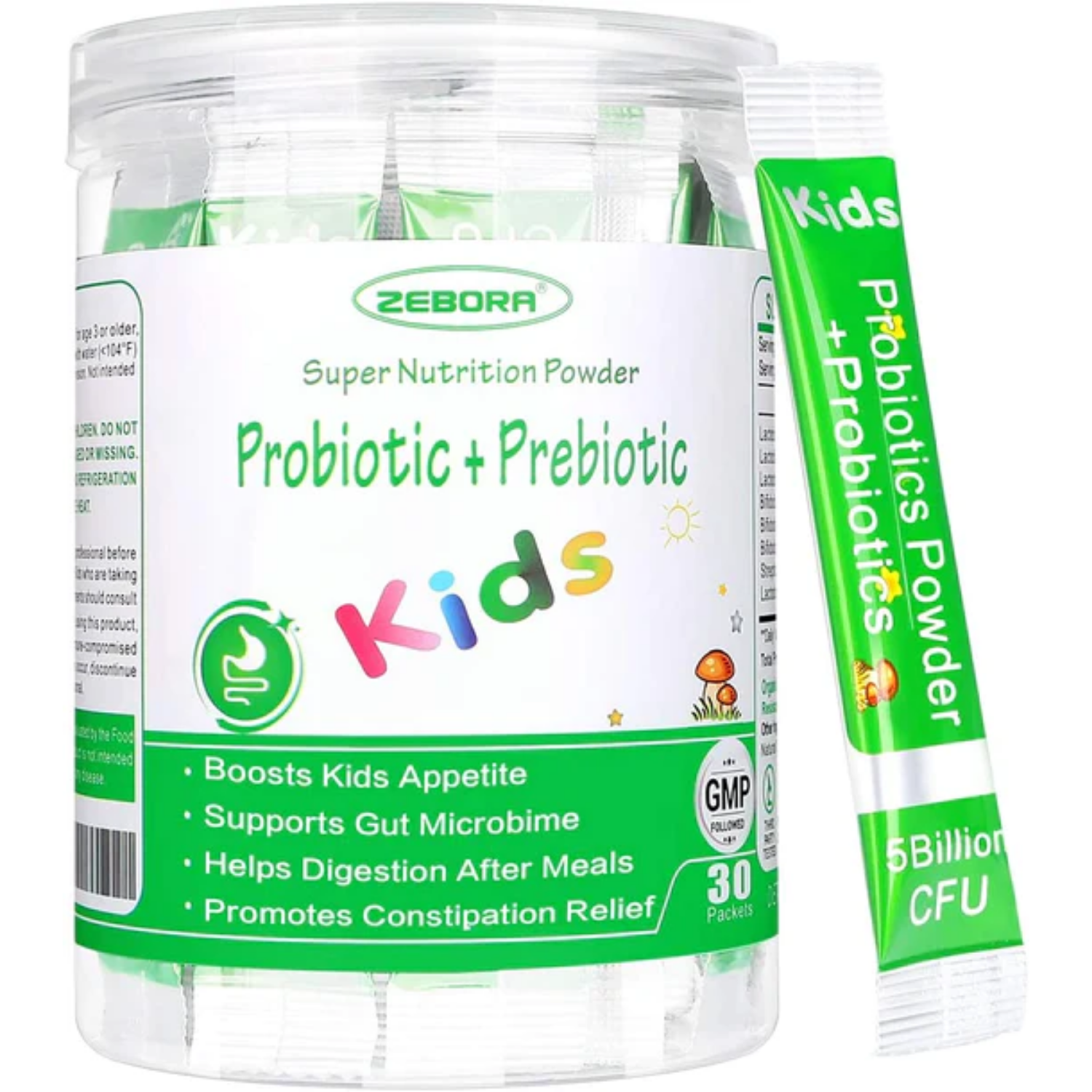 PROBIOTICOS Y PREBIOTICOS EN POLVO PARA NIÑOS 8 CEPAS 5 BILLONES CFU 30 SOBRES ZEBORA