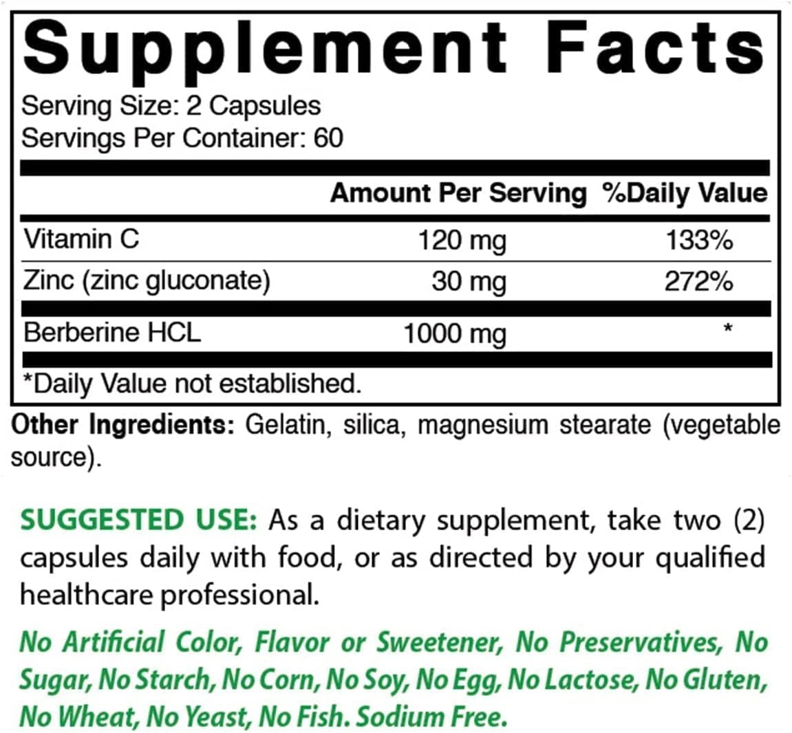 BERBERINA PLUS 1000 MG CON VITAMINA C 120 MG Y ZINC 30 MG 120 CAPSULAS SIN GMO BEST NATURALS