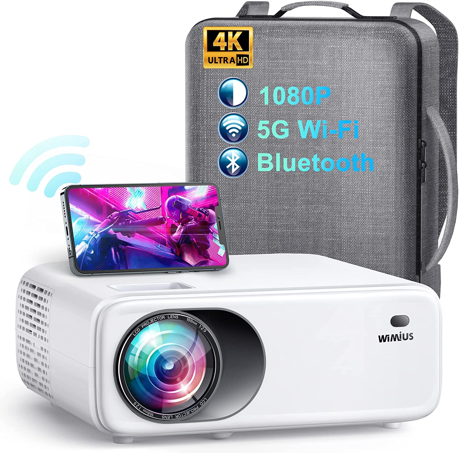 Proyector WiFi Bluetooth Full HD 1080P, proyector de película inalámbrico  de 6000 lúmenes, pantalla de 200 pulgadas, soporte de zoom digital,  pantalla