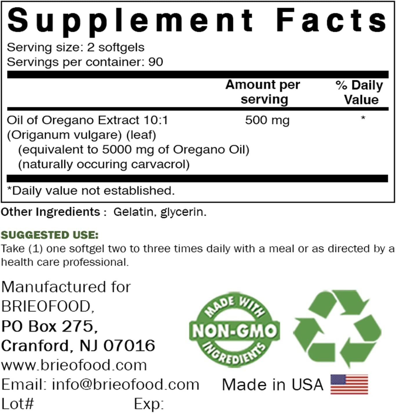 ACEITE DE OREGANO 5,000 MG 180 CAPSULAS BLANDAS SIN GMO BRIEOFOOD