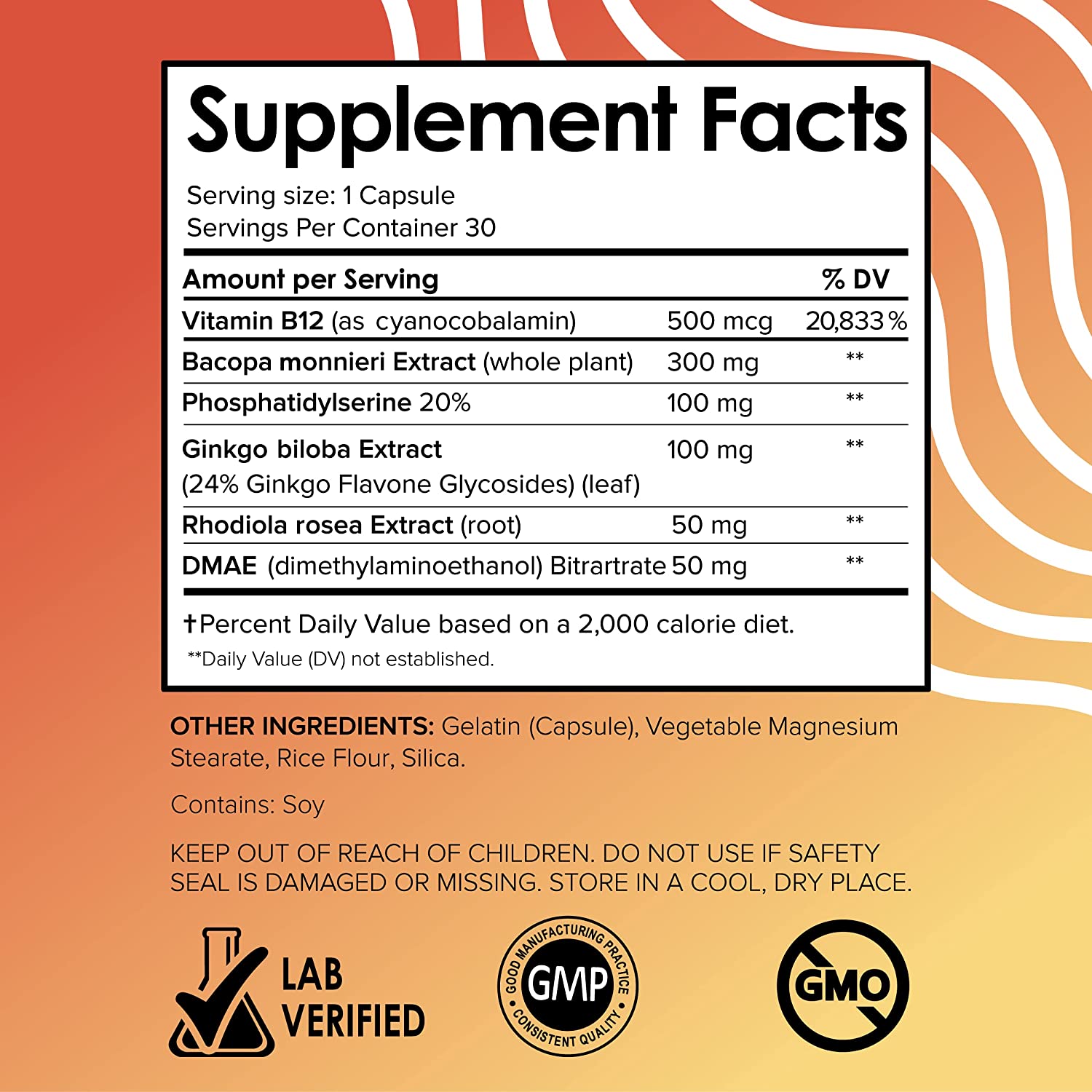 ESTIMULADOR DEL CEREBRO 600 MG 30 CON VITAMINA B12 500 MCG CAPSULAS VITAL SIN GMO VITAMINS BRAIN BOOSTER