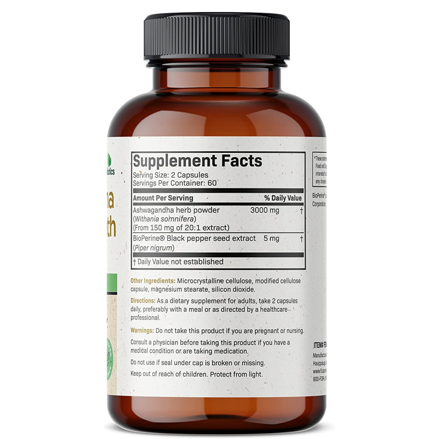ASHWAGANDHA EXTRA FUERTE  3,000 MG + PIMIENTA NEGRA 5 MG 120 CASPULAS VEGANO FUTUREBIOTICS