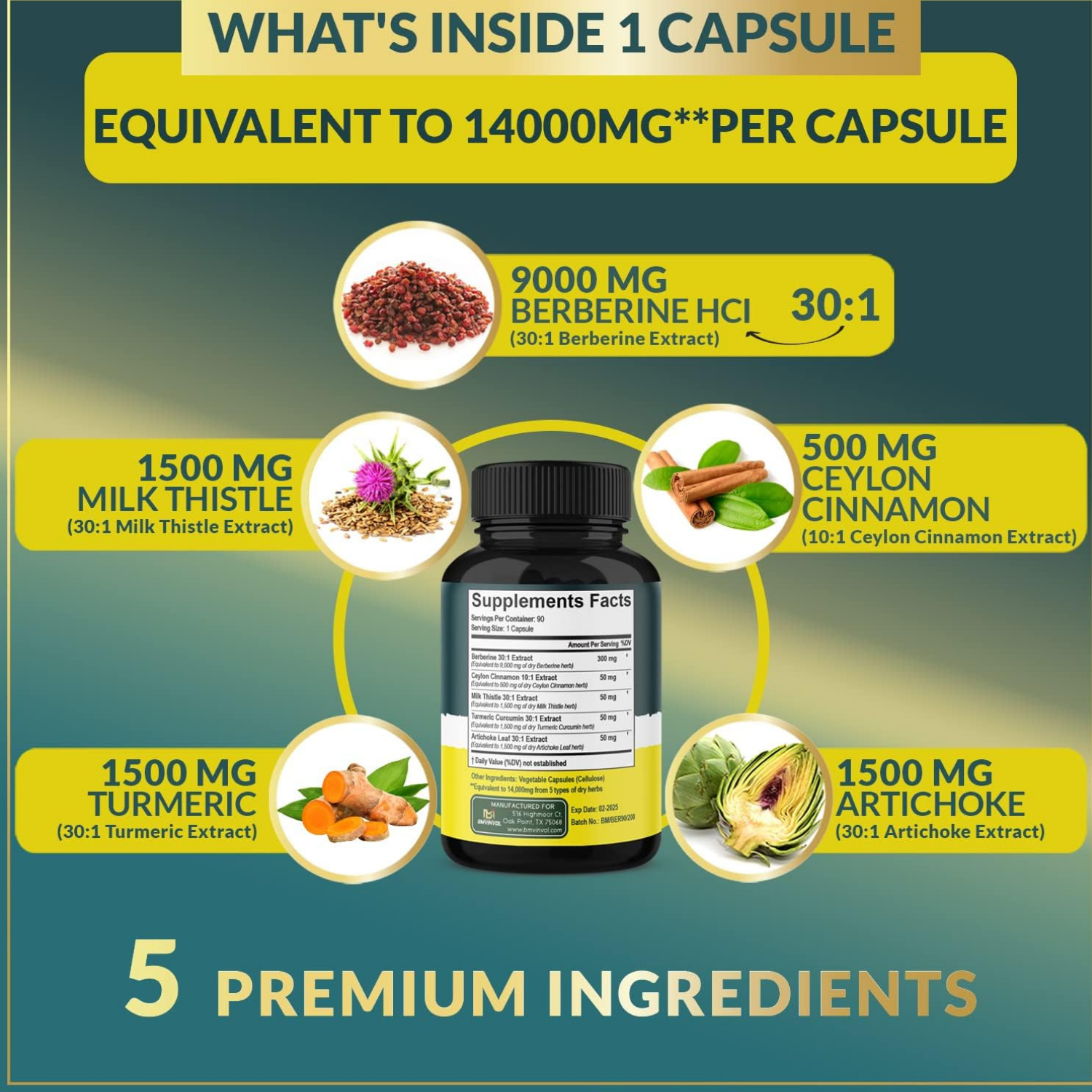 BERBERINA MAXIMA POTENCIA 9000 MG CON CARDO MARIANO (MILK THISTLE) 1500 MG Y CURCUMA 1500 MG 90 CAPSULAS VEGANO BMVINVOL