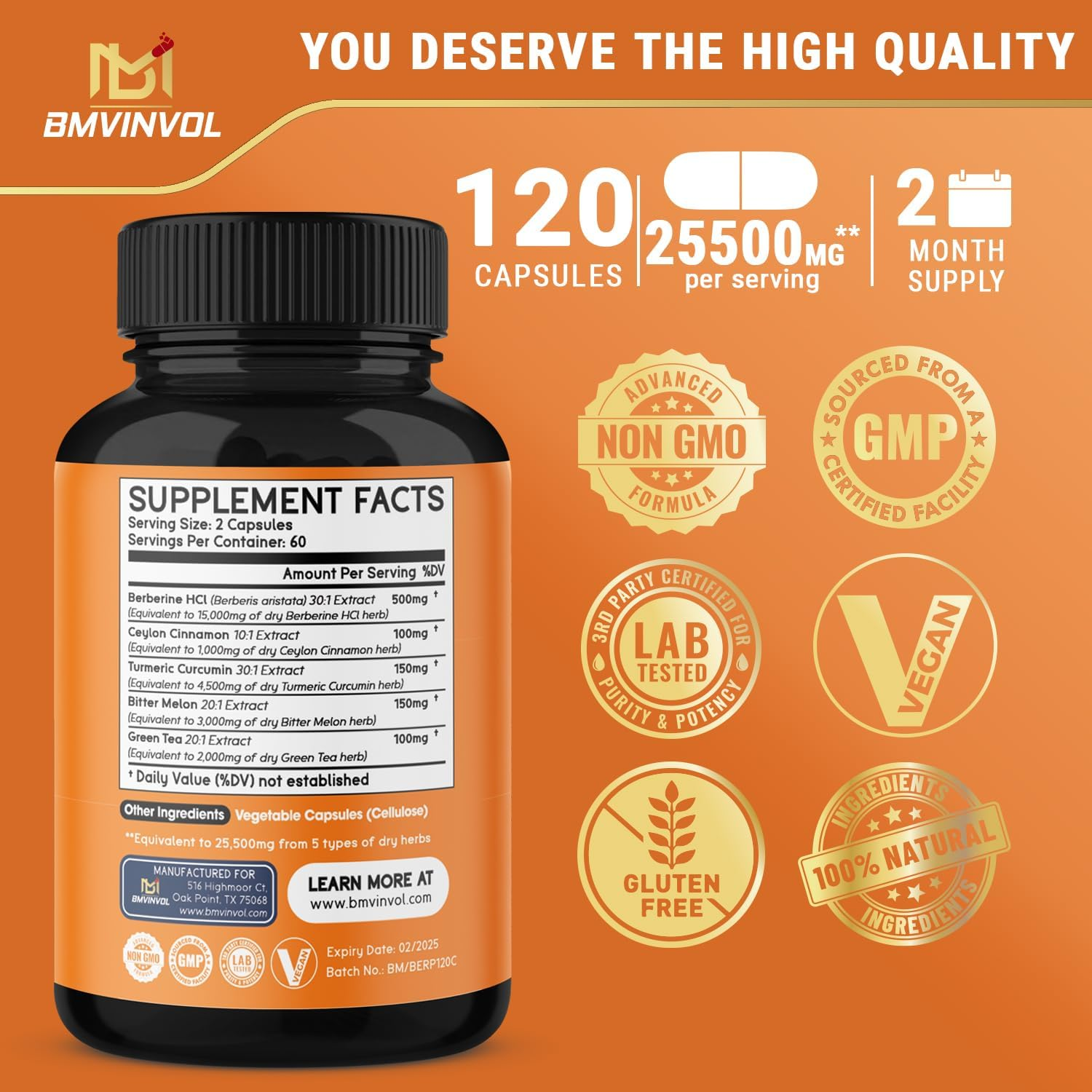 BERBERINA 15000 MG CON CANELA DE CEYLAN 1000 MG Y MELÓN AMARGO 3000 MG + CURCUMA 4500 MG + TE VERDE 2000 MG 120 CAPSULAS VEGANO BMVINVOL