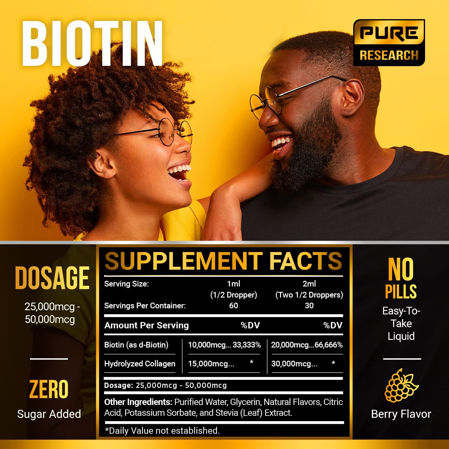 BIOTINA 20000 MCG Y PEPTIDOS DE COLAGENO 30000 MCG 60 ML PURE RESEARCH