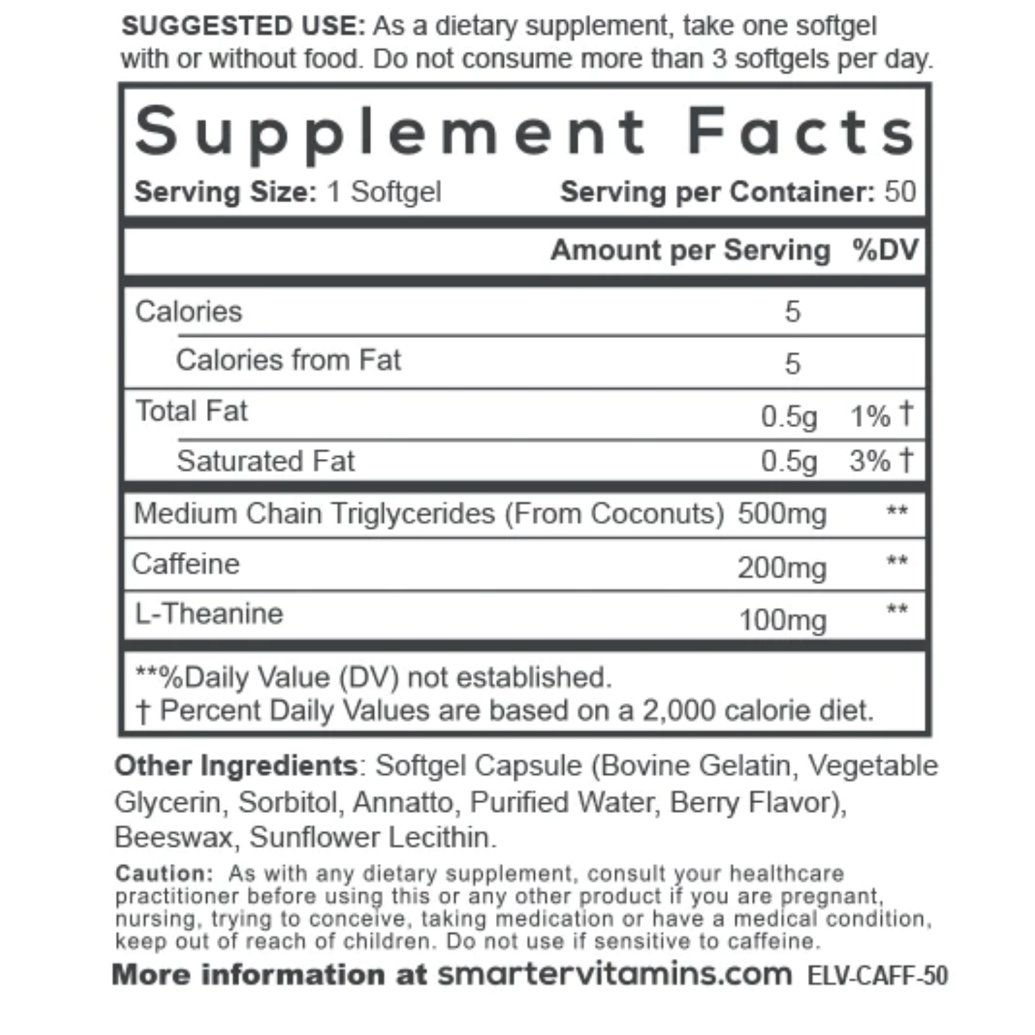 CAFEINA 200 MG TEANINA 100 MG 50 CAPSULAS BLANDAS SIN GMO SMARTER