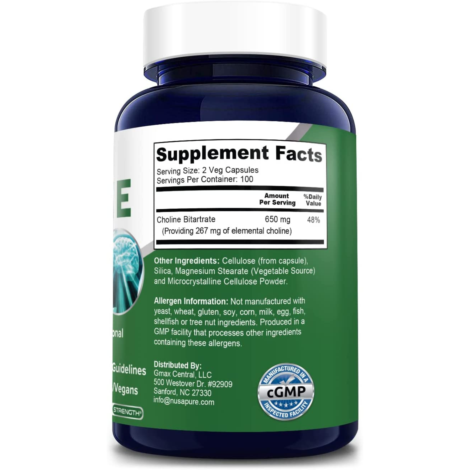 BITARTRATO DE COLINA NUSAPURE 650 MG 200 CAPSULAS SIN GMO VEGANO