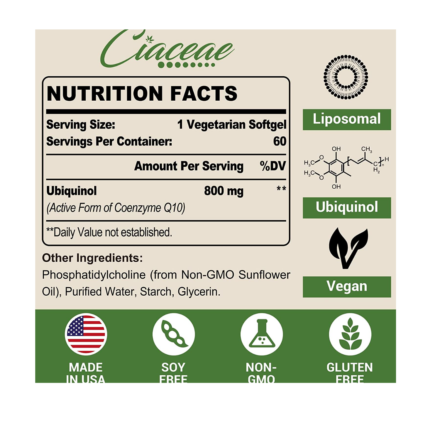 COENZIMA Q10 800 MG UBIQUINOL COQ10 60 CAPSULAS BLANDAS SIN GMO CIACEAE