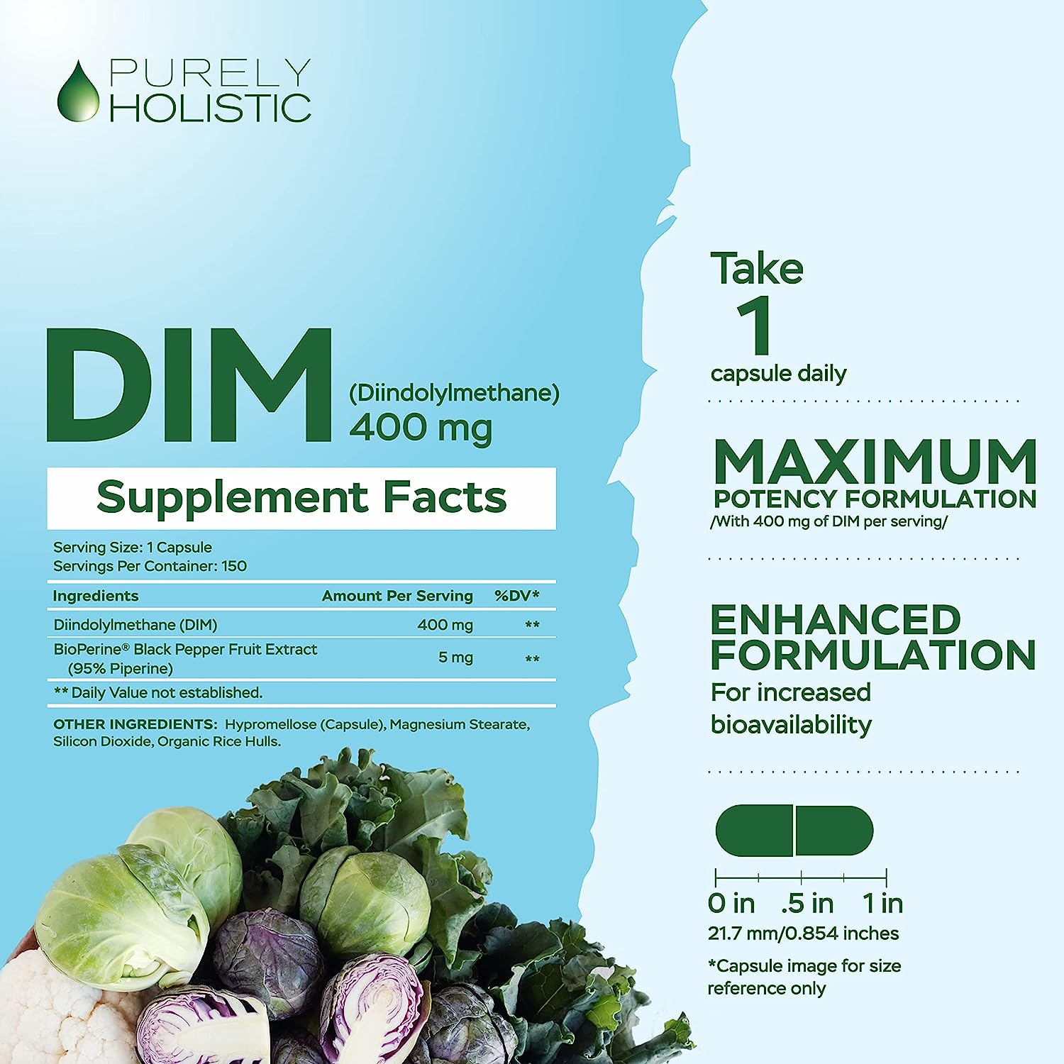 DIM 400 MG CON BIOPERINA 5 MG 150 CAPSULAS PURELY VEGANO SIN GMO HOLISTIC