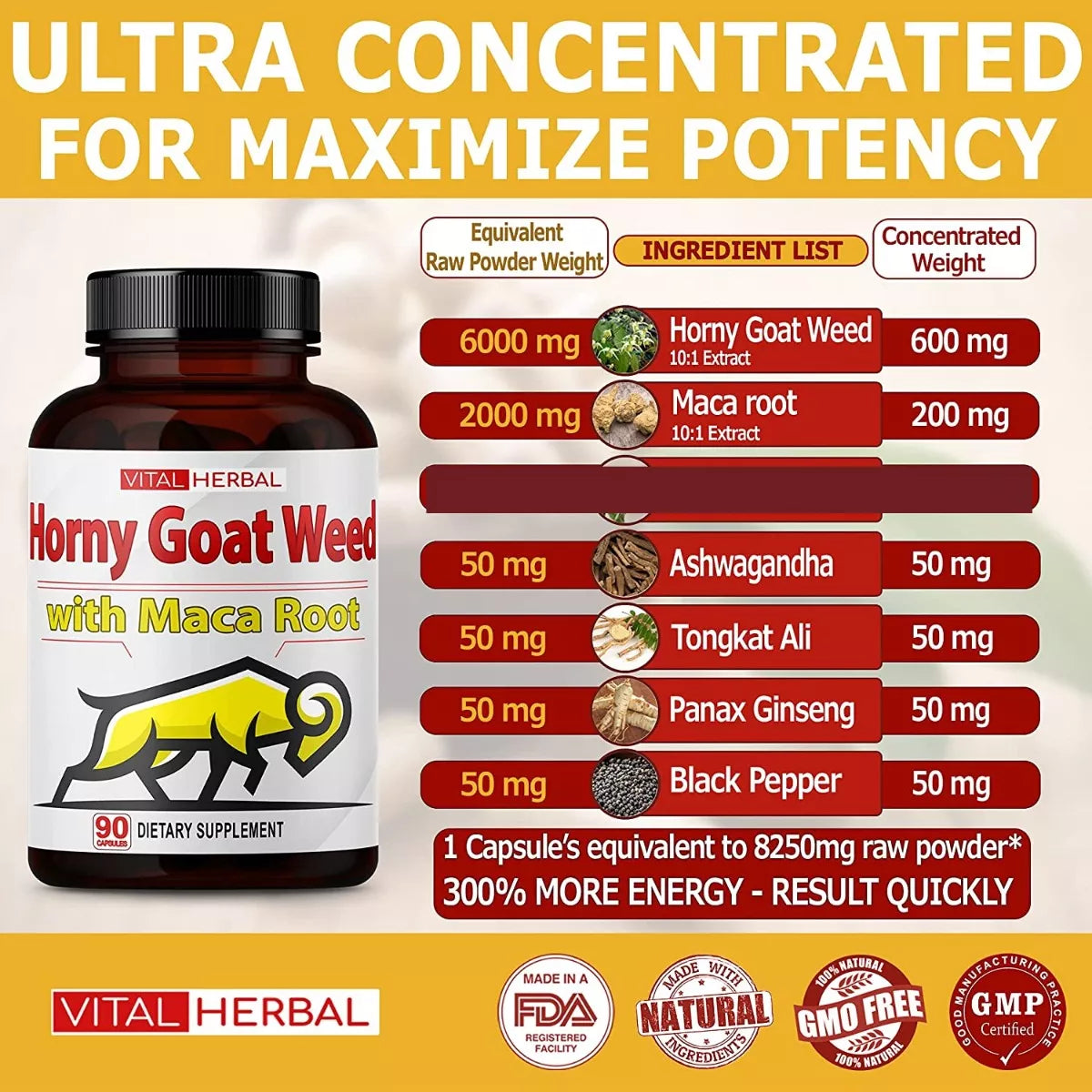 HORNY GOAT WEED 6000 MG CON MACA 2000 MG 90 CAPSULAS SIN GMO VITAL HERBAL