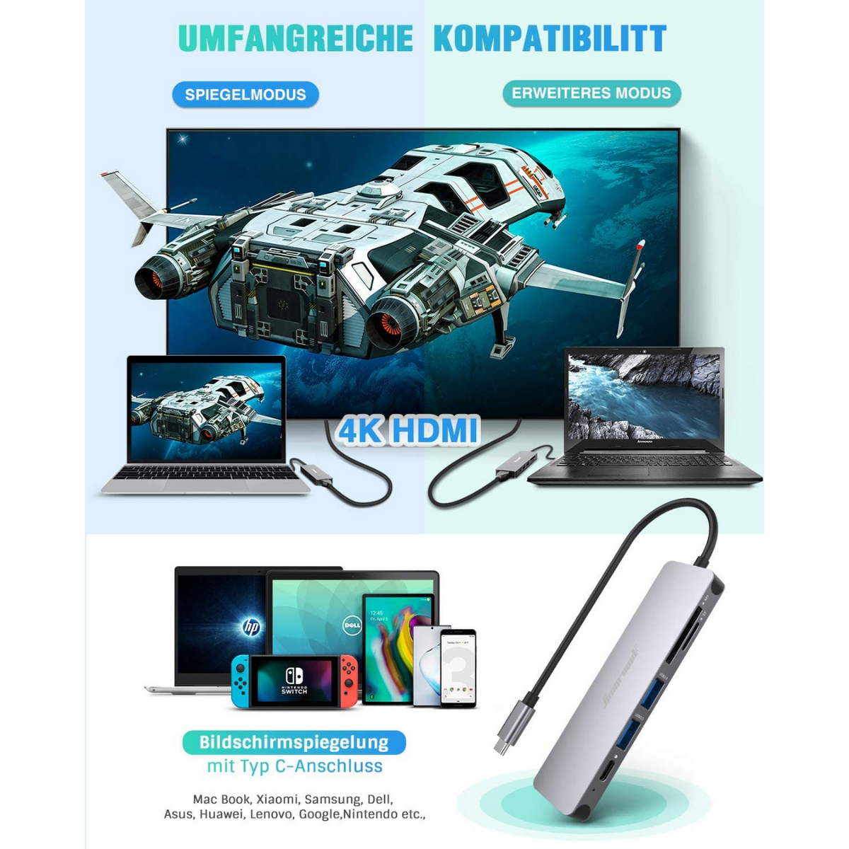 ADAPTADOR HUB TIPO C HIEARCOOL 6 EN 1